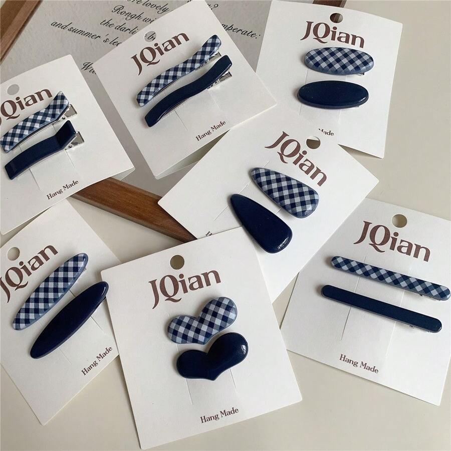 海军蓝格纹发夹套装，手工女士发饰，完美打造日常休闲时尚造型，百搭发夹提升您的日常风格，节日配饰，假日女士发型配饰，头部饰品，发夹