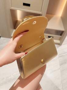 1pc Stylish EU/US Metallic Decorated Mini Box Handbag, High-End Shiny Metal Bar Clutch Purse, Elegant Luxury Evening Dress Party Bag, Leather Design Prom Dancing Clutch/Wedding Ceremony Handbag With Metal Chain - 金色 - 查看 7