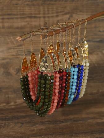 1pc Vintage Bohemian Style Metal Hammered Effect & Multi-Layer Faceted Plastic Bead Necklace For Women, Suitable For Holidays And Daily Wear