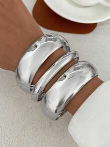 3pcs Vintage Exaggerated Luxurious Geometric Design Wide Metal Bangle Bracelets, Suitable For Women's Daily, Party, Vacation Wear, Gift - Silver - View 2