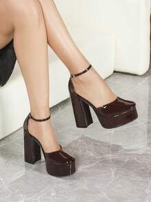 女士法式咖啡棕色甜美仙女风绑带防水厚底粗跟玛丽珍走秀鞋 - 咖啡棕 - 查看 1