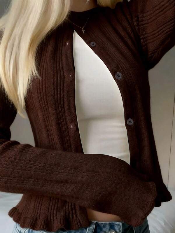 Women's Cute Y2K Streetwear Textured Round Neck Long Sleeve Ruffle Trim Buttons Knitted Sweater Cardigan Tops Women's Casual Daily Wear Homecoming Country Concert Fall Winter Going Out Outfits Clothes Christmas Thanksgiving New Year Gift