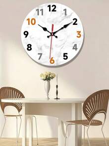 1pc Modern Silent Wall Clock, Japanese Quartz Movement, Round Wood Frame With Marble Texture, Analog Display, Ideal For Living Room, Bedroom, Office - Battery Operated (1 AA Not Included) - Multicolor - View 1