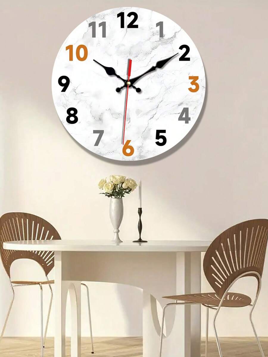 1pc Modern Silent Wall Clock, Japanese Quartz Movement, Round Wood Frame With Marble Texture, Analog Display, Ideal For Living Room, Bedroom, Office - Battery Operated (1 AA Not Included) - Multicolor - View 1