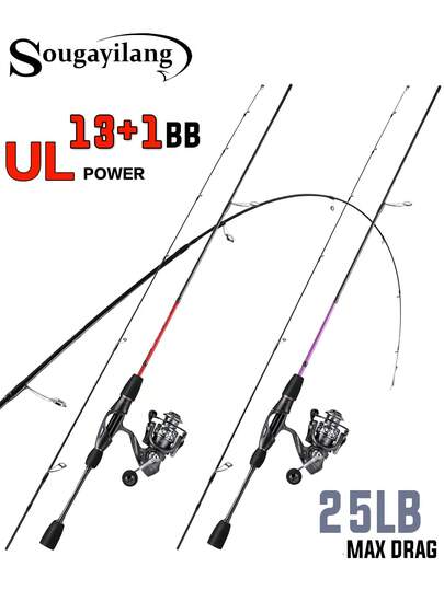 SOUGAYILANG 1 Combo Fishing Gear|2 Sections Ultralight Material Fishing Rod Carbon Trout Rod Crapite Reel Seat|1000 Serise 5.1:1 Cear Ratio 13+1BB Metal Fishing Spinning Reel For Stream Fishing