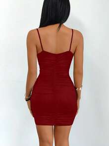 Sexy V-Neck Ruched Bodycon Cami Mini Dress, New For Spring/Summer Elegant - Burgundy - View 2