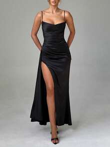 فستان ماكسي أنيق وجذاب بياقة عميقة على شكل حرف V وظهر مكشوف، فستان سهرة للنساء بدون أكمام، مصنوع من قماش محبك قليل المطاطية - الأسود - مشاهدة 3