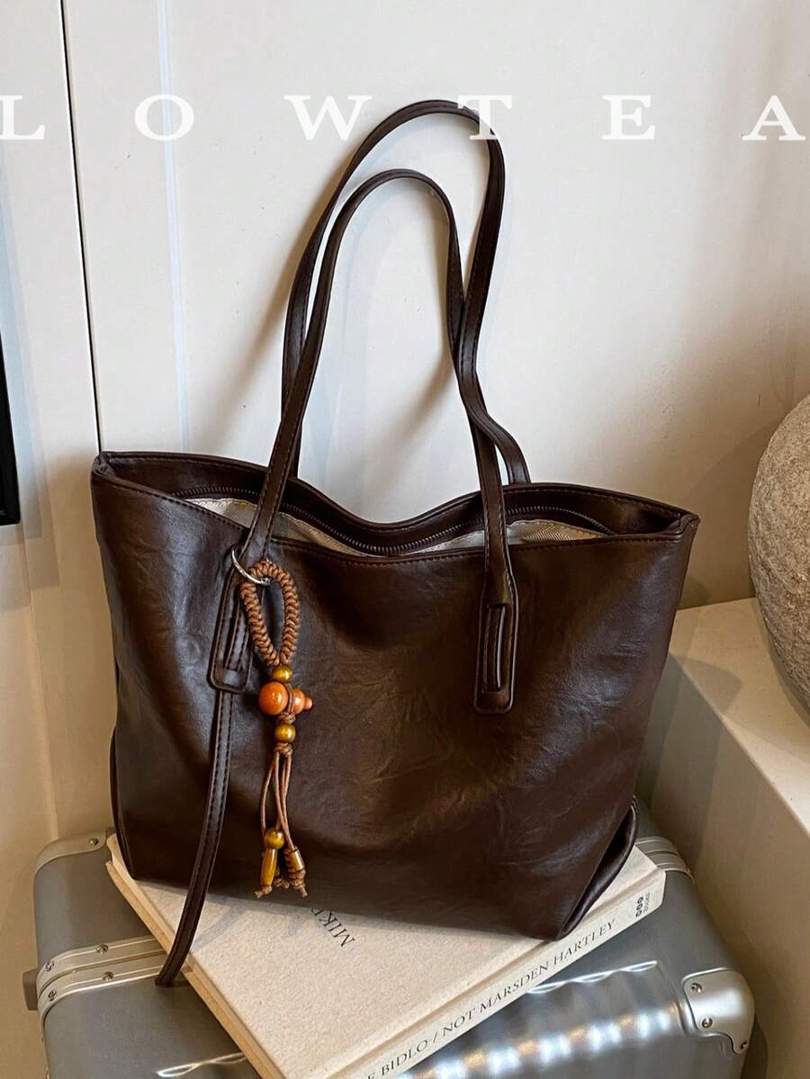 Bolsa Tote de 1 pieza de unicolor de tela de PU Low Tea, bolsa de hombro de moda retro para mujer, diseño de doble asa superior, cierre con cremallera, adecuada para viajes, compras, citas, regalo para mujer, perfecta para ir al trabajo, actividades al aire libre, viajes, salidas (con colgante)