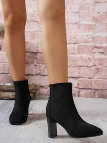 Women's Ankle Boots, New Autumn/Winter Design, Square Toe, Fashion Metal Decor, Back Zipper, Chunky Heel, Suitable For Holidays & Parties, Black Boots, Retro Suede Brown Boots,High Heels - Black - View 5