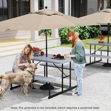 Picnic Table Bench Set For 24 People Outdoor Rectangular Camping Dining Table And 2 Benches W Umbrella Hole AllWeather HDPE Tabletop HeavyDuty Metal Frame Grey+Black
