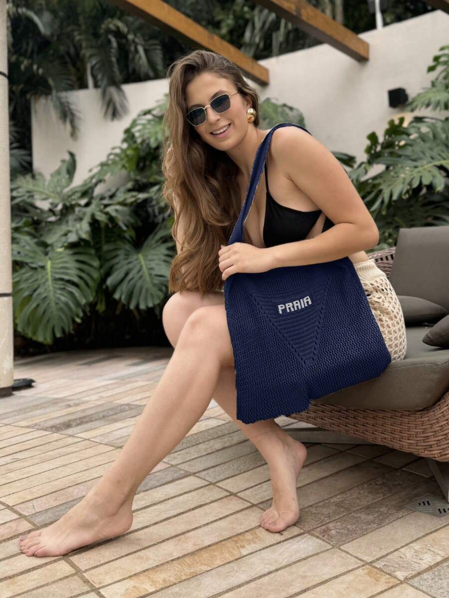 EXPOSICAO PAULISTA Women's Knitted Beach Bag With Shoulder Strap - Summer Vacation Style - 海軍藍 - 查看 1