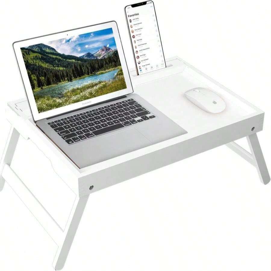 Artmeer Bed Tray Table With Folding Legs, Bamboo Breakfast Food Tray With Media Slot, Use As Platter, Laptop Desk, Snack, TV Tray Kitchen Serving Tray (White Extra-Large Size) - ColorC - View 1