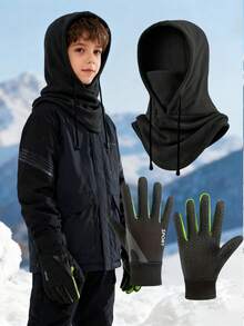 2pcs Winter Warm Gloves Set, Unisex Outdoor Sports & Daily Commute, Durable Polyester Material, Black, Best Christmas Gift, No Battery Required, Girls Gloves Set, Boys Gloves Set, Unisex Balaclava