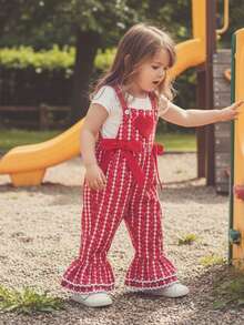 Baby Girl Overalls Sleeveless Heart Embroidery Jumpsuit Flare Suspender Pants Valentines Day Outfit - 紅色 - 查看 2