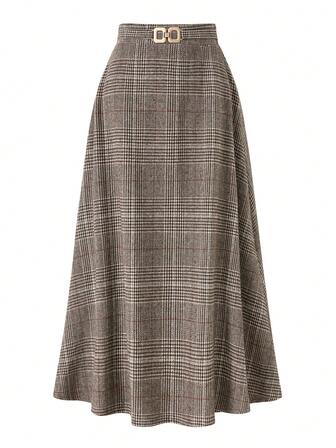  EARO Women's New Plaid Woolen Casual Versatile Metal Decor Slim High Waist A-Line Long Skirt, Suitable For Work, Autumn/Winter