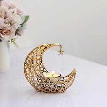 1 pièce Porte-bougie croissant de lune minimaliste en métal avec pendentif étoile, design ajouré, décoration de maison ou de bureau, excellent cadeau pour le Ramadan
