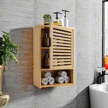 Flowow Mueble de Baño con Puerta de Bambú - Organizador de 60 cm para Espacios Reducidos - Armario de Pared con Estante Ajustable - Blanco para Baño y Cocina - Natürlich - Übersicht 5