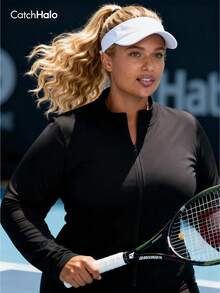 Plus Size Slim Fit Curve Flattering Sports Jacket, Black, Thumb Hole, Super Breathable, Full Zip Stand Collar, Slim Fit Slimming, Free Movement, Suitable For Autumn/Winter Fitness, Running, Casual Wear - Black - View 8