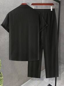Men's Casual Summer Set, Striped Short-Sleeve Button-Down Shirt & Elastic Waist Pants - Negro profundo - Ver 3