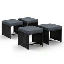4 PCS PE Wicker Ottomans With 4X Seat Cushions& 4X Cushion Covers 45 X 45x 37cm Outdoor Patio Garden Furniture Set UVResistant Steel Frame