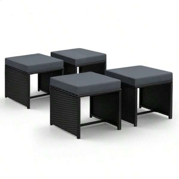 4 PCS PE Wicker Ottomans With 4X Seat Cushions& 4X Cushion Covers 45 X 45x 37cm Outdoor Patio Garden Furniture Set UVResistant Steel Frame