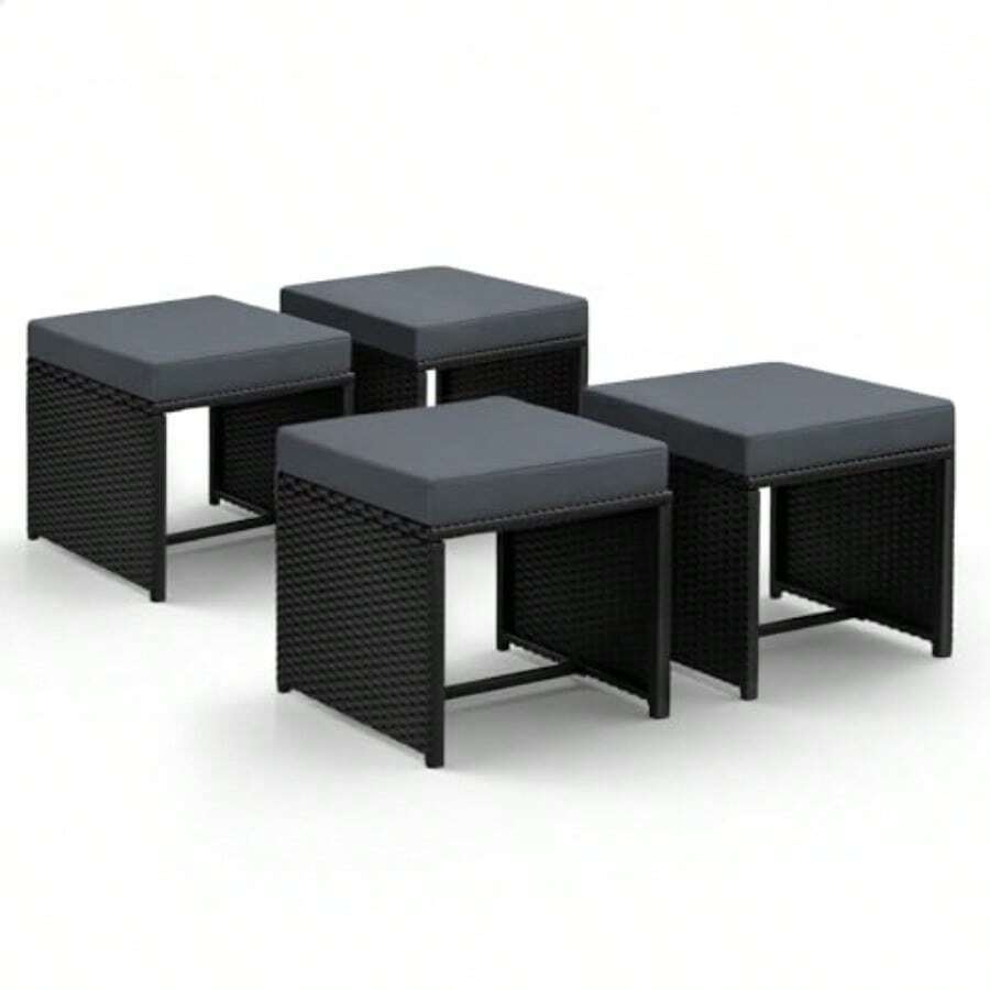 4 PCS PE Wicker Ottomans With 4X Seat Cushions& 4X Cushion Covers 45 X 45x 37cm Outdoor Patio Garden Furniture Set UVResistant Steel Frame