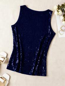 Top sin mangas con escote en V con lentejuelas, elegante top de tirantes para primavera y verano de uso casual - Azul Marino - Ver 2