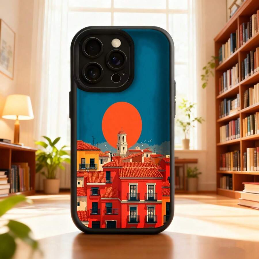 Fundas de teléfono transparentes y modernas,Carcasa para telefono con diseño de ciudad mediterránea color azul y naranja con estampado de edificios rojos y sol anaranjado ideal para uso diario y viajes Aplicable a teléfonos Apple y Galaxy - Burdeos - Ver 1