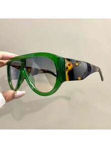 2D Flat Punk Frog Shape Glasses - Oversized Flat Top Frame With Metal Hinges, Black Tortoiseshell Decoration, Unisex Fashion Accessories, Bold Design,  And Unique Piece, Fashionable And Avant-Garde Glasses - 綠色豹 - 查看 2
