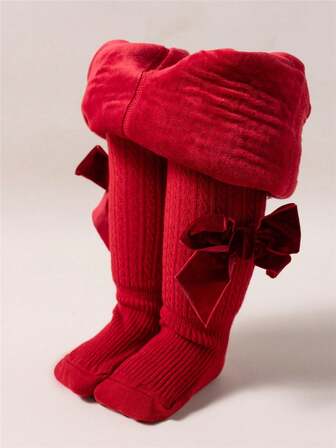 冬季女婴圣诞加厚连裤袜幼儿柔软保暖女童大蝴蝶结连裤袜打底裤儿童新年礼物连裤袜适合0-6岁