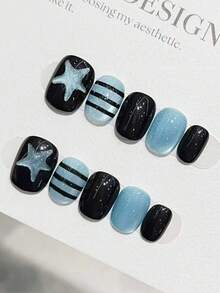 甜美酷炫个性化辣妹风10片装短方形手工精致佩戴手绘闪光蓝猫眼五角星黑条纹假指甲饰品指甲套装亮泽美甲产品可拆卸新款芭蕾舞美甲秀纤细手指时尚美甲装饰指甲假片全覆盖指甲套装 - 彩色 - 查看 3