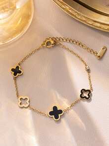 1 chiếc vòng tay tinh dầu cỏ bốn lá mạ vàng 18K bằng thép titan thời trang dành cho nữ, nhẹ, sang trọng, không phai màu - màu đen - Xem 2