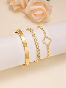 3 pièces Bracelets en acier inoxydable et zircone à la mode pour femmes, convenant pour les fêtes, les rassemblements et le port quotidien - Or jaune - Voir 5