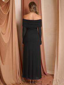 PARTHEA Elegant Party Solid Color Off Shoulder Mesh Maxi Dress - Black - View 3