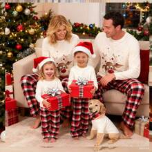 Family Christmas Pajamas Matching Sets For Kids Men Women Christmas Pajamas Cute Reindeer Tees Tops Plaid Pants Xmas Holiday Pajamas Sleeper Loungewear Matching Christmas Pajamas For Family - Đỏ và trắng - Xem 3