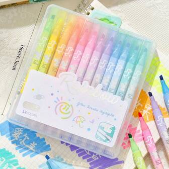 6/12 fluorescerande överstrykningspennor med pulver, kreativa färgöverstrykningspennor, neonöverstrykningspennor, neonöverstrykningspennor med dubbla huvuden, icke-penetrerande och icke-fläckande, lämplig för kalendrar, skolor och kontorsmaterial