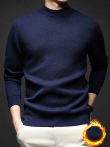Men's Stand Collar Long Sleeve Solid Color Casual Pullover Sweater, Warm Knitted Fabric For Autumn/Winter - Navy Blue - View 7