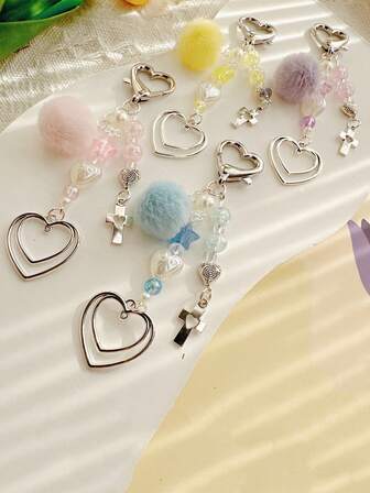 1 pieza Nuevo accesorio de llavero/colgante con forma de corazón de doble capa con cuentas y bola de peluche, accesorio para bolso/teléfono
