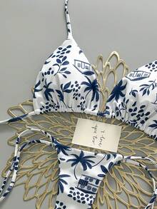 2pcs Bohemian Floral Print Tie-Up Braided Bikini Swimsuit, Casual, Cute, Elegant, Sexy, Beach Vacation, Spring/Summer - Blue - View 4