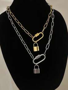 2 件钥匙锁项链嘻哈风格合金银情侣项链适合约会礼物 - 銀色 - 查看 10