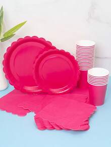 Pink Petal Shaped Disposable Plate, Napkin, Cup Set, Plates, Napkins And Cups Party Supplies, Serves 8 Guests, Disposable Paper Plates Party Tableware Suitable For Birthday, Wedding, Theme Party, Family Picnic - Multicolor - View 3