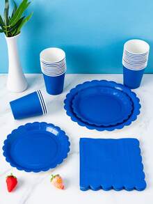 1 Set Of Navy Blue Petal Shaped Disposable Plates, Napkins And Cups, Serves 8 Guests, Suitable For Birthday, Wedding, Party, Family Picnic - Multicolor - View 4