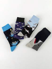 4 Paar bunte Hai-Design Socken, modische lässige Paar-Socken, europäischer und amerikanischer Straßen-Stil Knöchelsocken