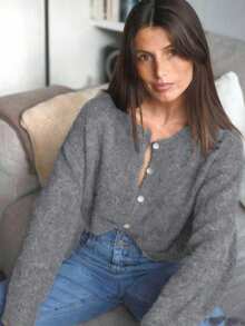 Vintage Button-Up Gray Knit Cardigan Sweater For Women, Round Neck Top - Grey - View 4