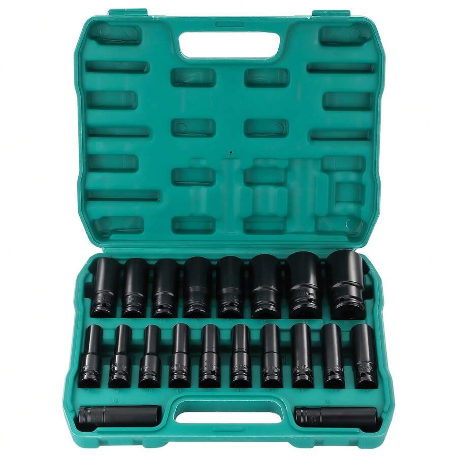 GEARZAAR 20PCS Deep Impact Socket Set 6 Point Metric 8 - 32mm 1/2 Inch Drive Heavy Duty - Default - View 1