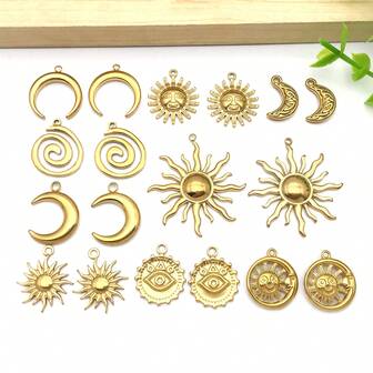 2 piezas Encantos de acero inoxidable con forma de sol, estrella y luna, colgantes colgantes celestiales para hacer collares, pulseras, aretes y manualidades de joyería