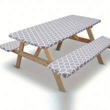1/2/3 Sets Of Picnic Tablecloths With Bench Covers, Elastic Tablecloths For 6-Foot Tables, Polyester Tablecloths For Indoor And Outdoor Camping (30x72 Inches, Gray Moroccan) - 灰色 - 查看 9