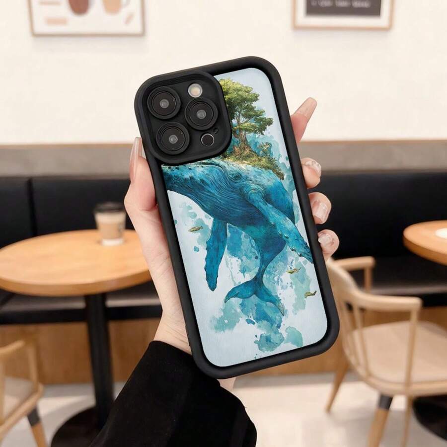 Cubierta de teléfono con borde negro y diseño de ballena azul con isla tropical para uso diario en cafeterías y espacios urbanos Aplicable a los teléfonos de la serie Apple y Galaxy - Negro - Ver 1