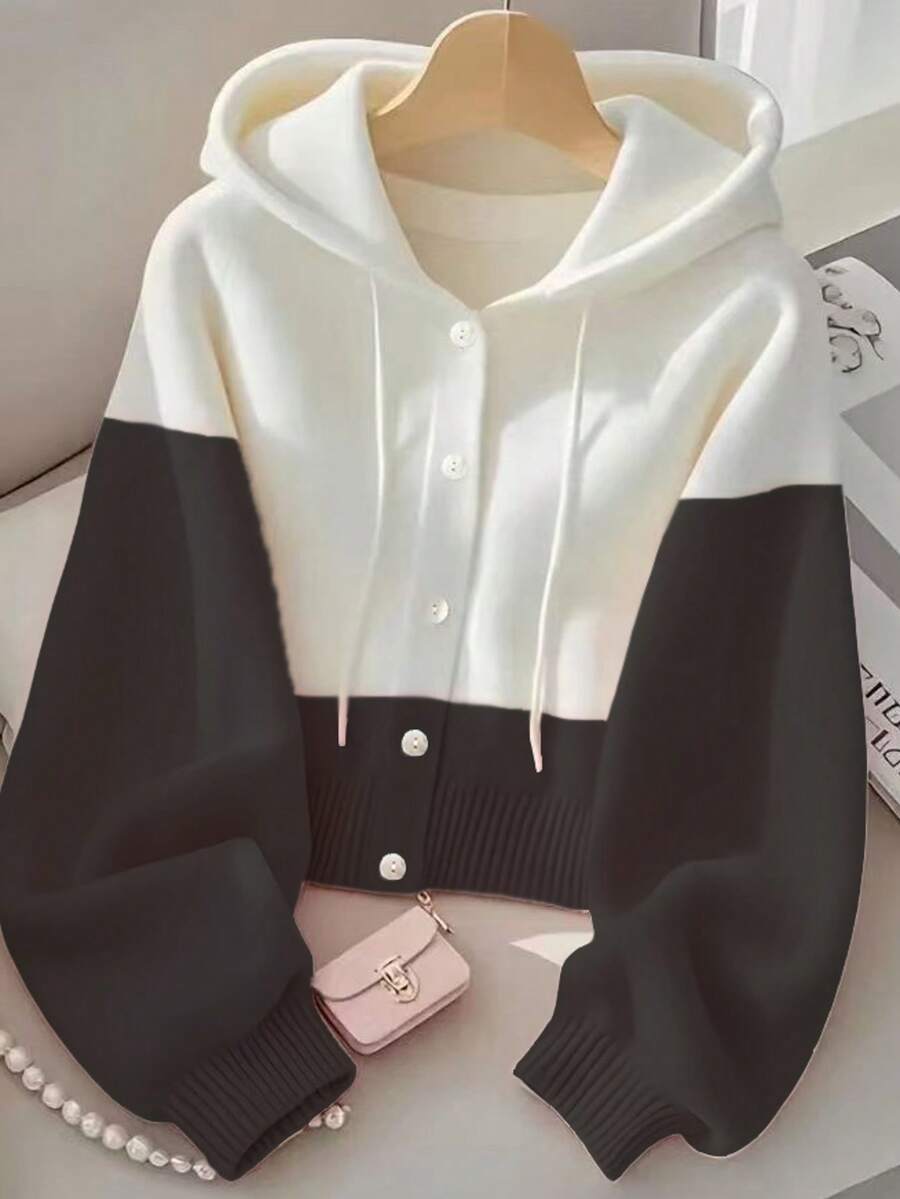 Women's Casual Contrast Color Long Sleeve Hooded Knit Cardigan Sweater Black - Black - View 1