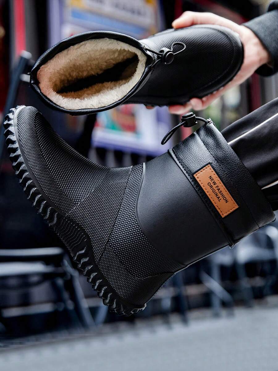 Fesd Ts Fashion Men's Drawstring Rain Boots Short Tube Couples Warm Lined Adult Rain Boots Non-Slip Durable Rubber Shoes For Kitchen Work Outdoor Car Washing Camping Fishing Waterproof Shoes Letter Beach Sports Outdoor TPR (Thermoplastic Rubber Material) Rain Boots Work Shoes Holiday Outdoor Autumn/Winter - Black - View 1